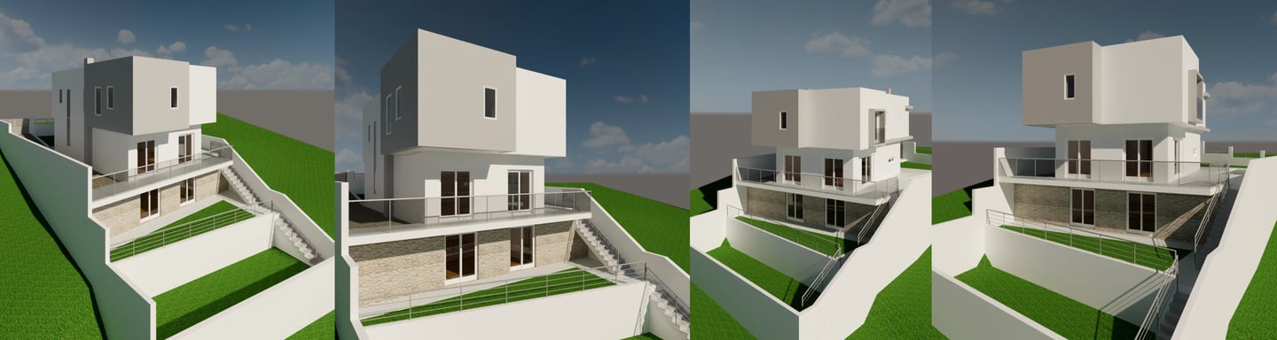Projeto para moradia em declive em Almada. Imagens do modelo tridimensional da Arquitetura.