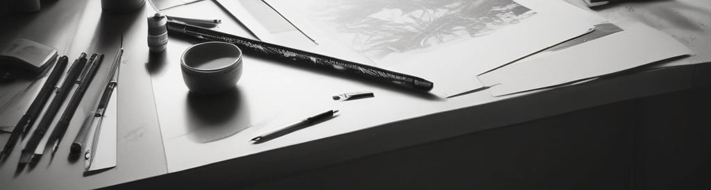 Black and white minimalist photo of a sleek workspace with a laptop and sketchpad.