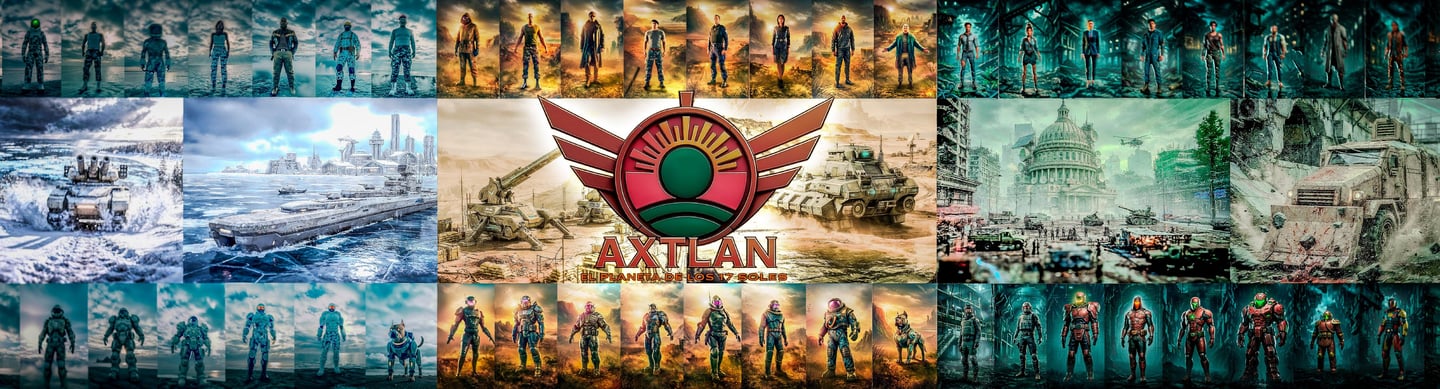 Axtlan video game concept art collage featuring futuristic soldiers in power armor and armored tanks.