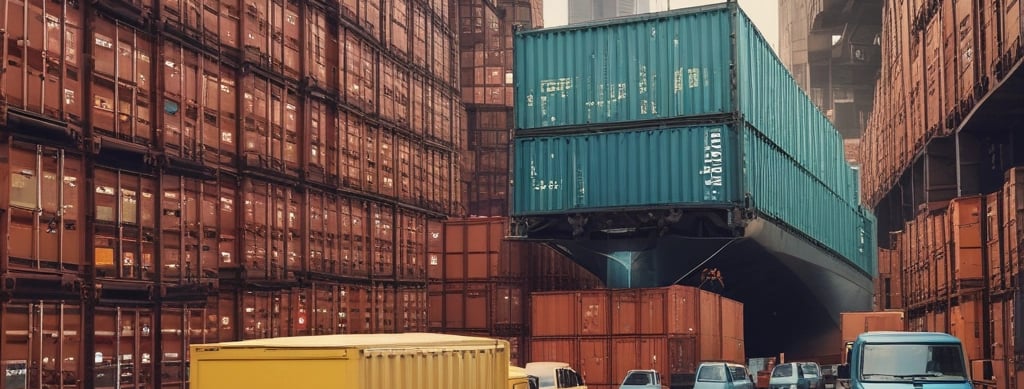 A bright, modern delivery truck driving through Dubai's cityscape at sunset.