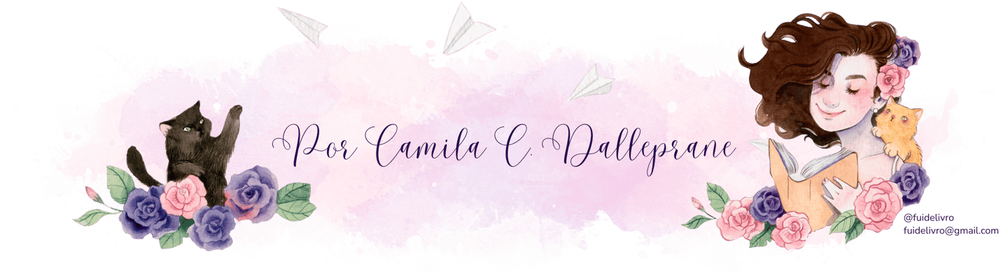 Illustrated literary banner with a girl reading, watercolor flowers, cats, and paper planes.