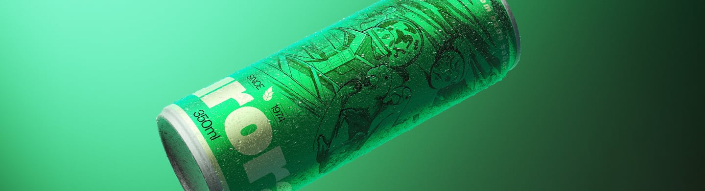 Cerveja aurora verde em 3D, 350ml, renderização gelada sobre fundo verde.