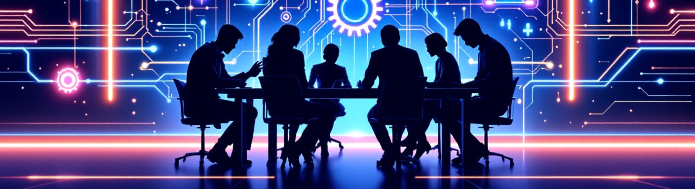 Futuristic hero section image with technology graphics and teamwork silhouettes