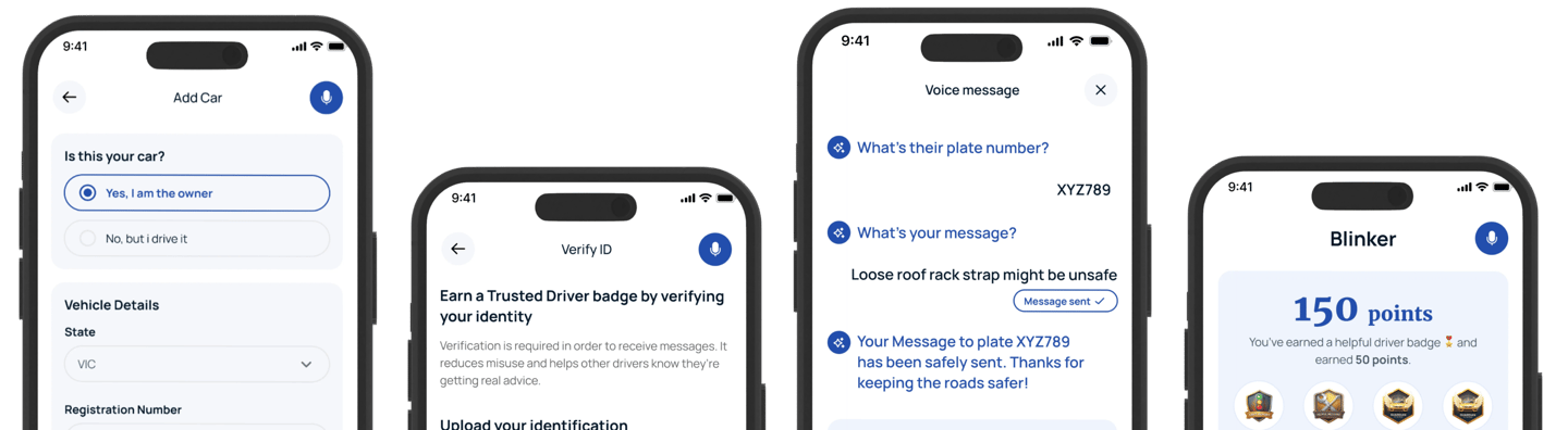 Series of phones showing different screens of the Blinker app.
