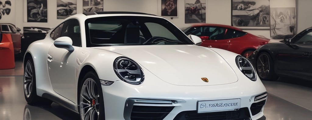 A luxury vehicle in a showroom setting, with a prominent front grille and sleek design. The environment is well-lit, showcasing multiple high-end cars on display.