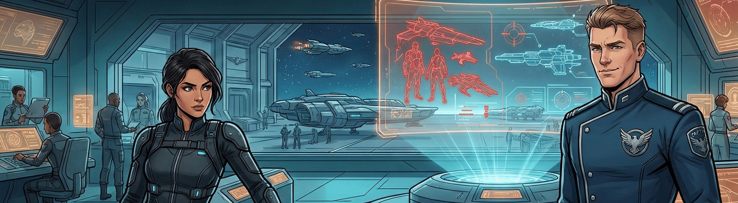 Sci-fi command center featuring futuristic characters near a holographic spaceship interface.