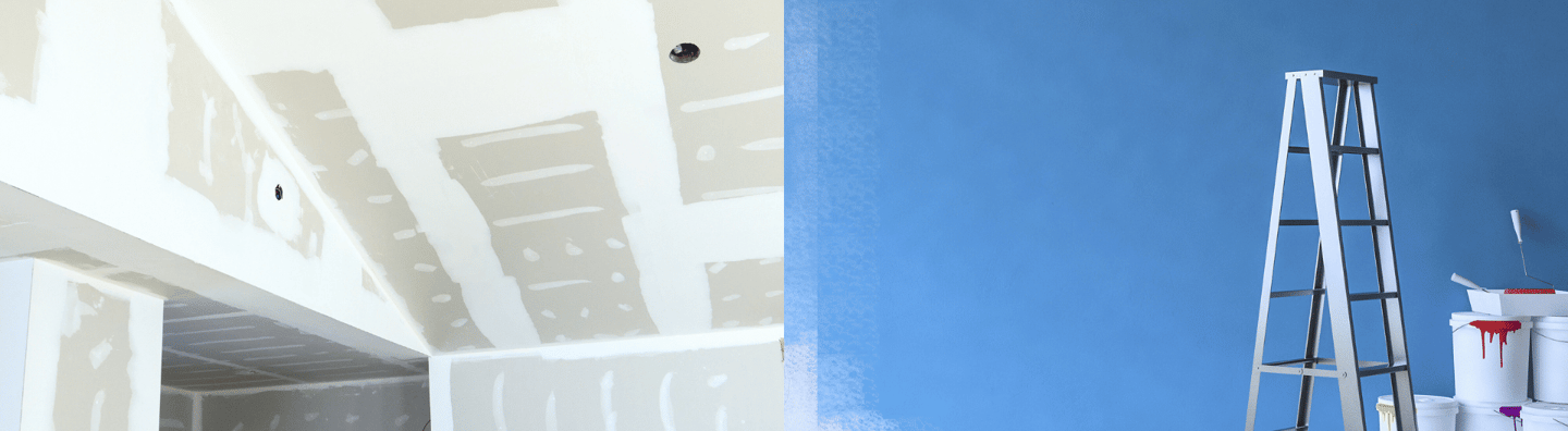 A split image showing home renovation with unfinished drywall and a painted blue wall with a ladder.