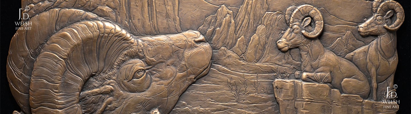 Ridge Fire Refuge - Bighorns in the Garden - Bronze relief sculpture - Jeremiah D Welsh