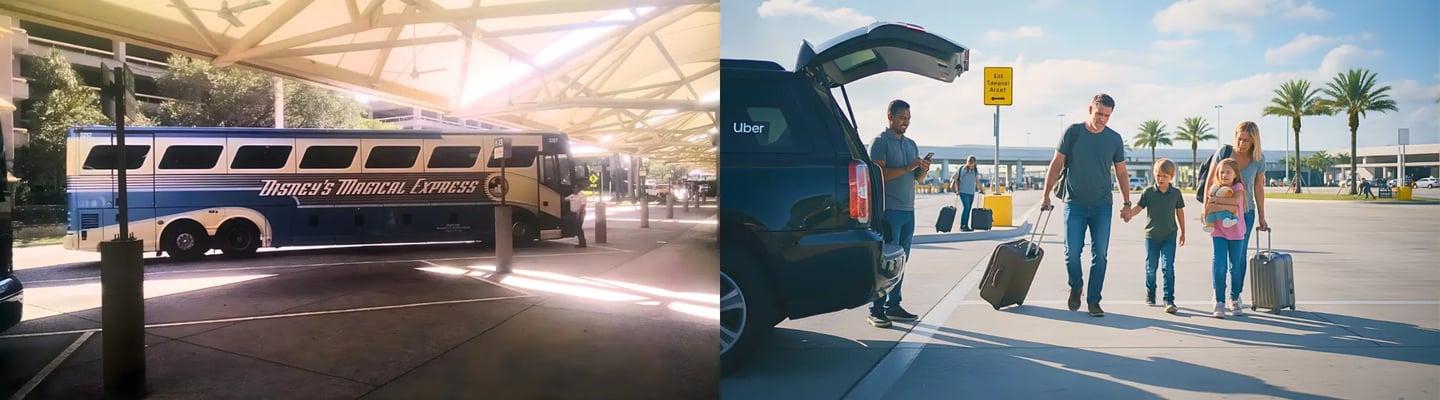 Split-screen comparing a vintage Magical Express bus with a family hauling heavy luggage to a rideshare at the airport.