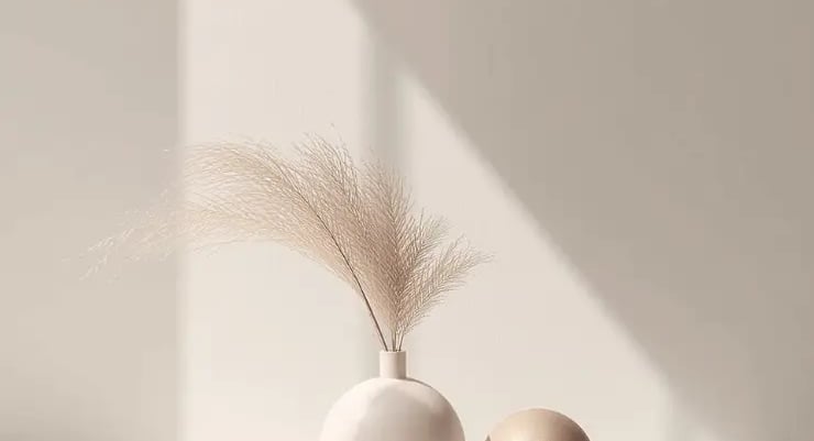Minimalist home decor featuring pampas grass in a white ceramic vase with a stone sphere.