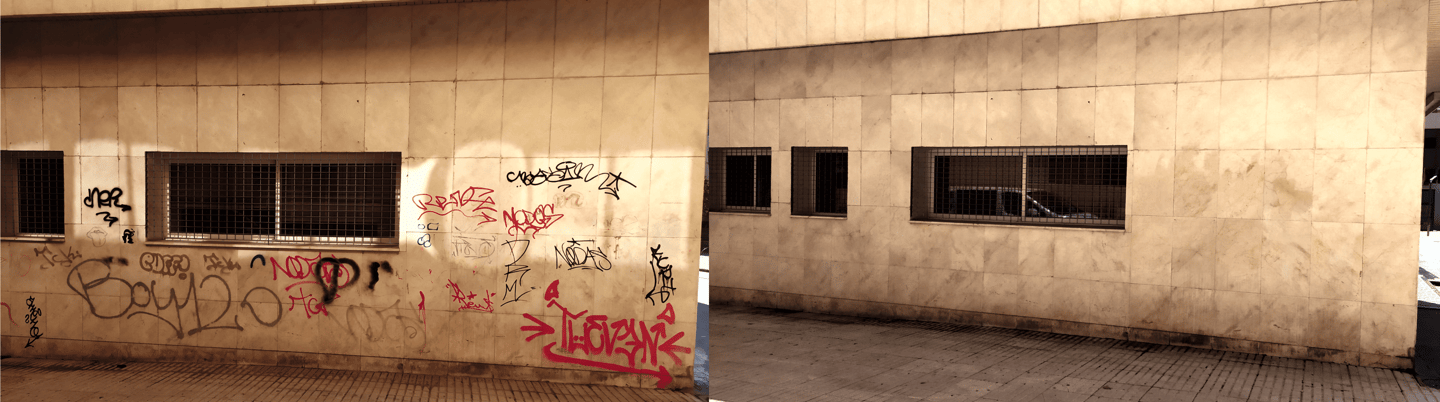Antes y después de la eliminación de graffiti en Málaga con protección anti-graffiti.