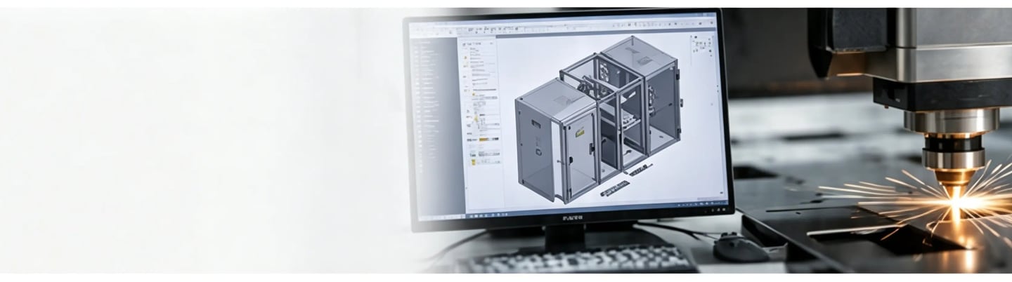 Industrial laser cutting machine processing metal alongside a CAD software engineering design on a computer monitor.