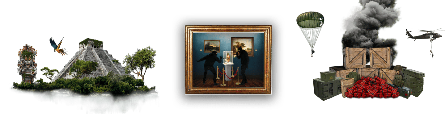 Illustration des 3 escape games : bunker, temple maya et musée 