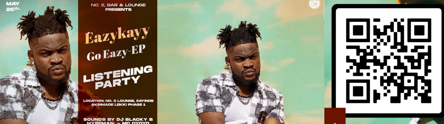 Listening Party. Lekki Phase 1. DJ Blacky B. May 26. Artist EazyKayy poses in front of cloudy sky 