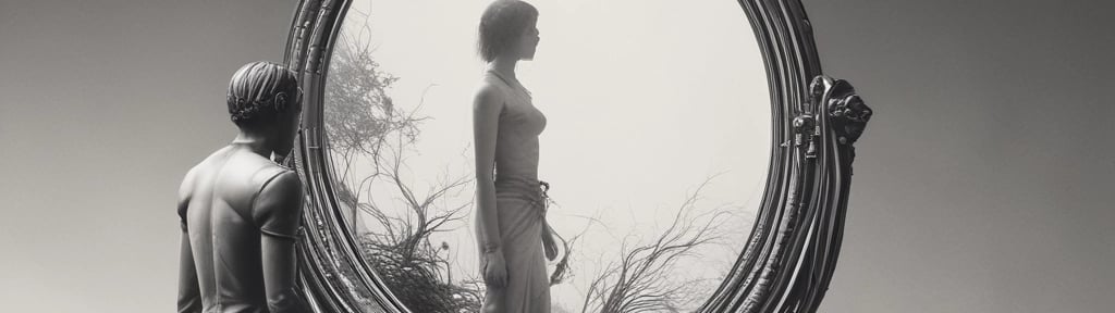 a woman standing in front of a mirror