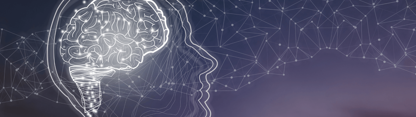 a stylized white line graphic of a head in profile with a glowing brain inside