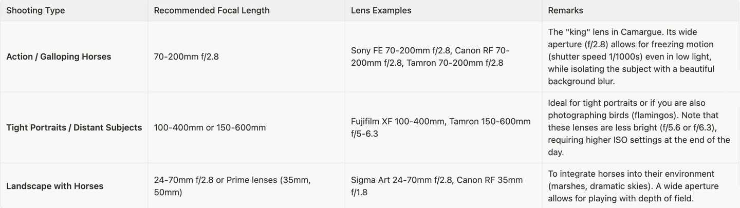 Camera lens recommendations for horse photography featuring focal lengths and aperture settings for action shots.
