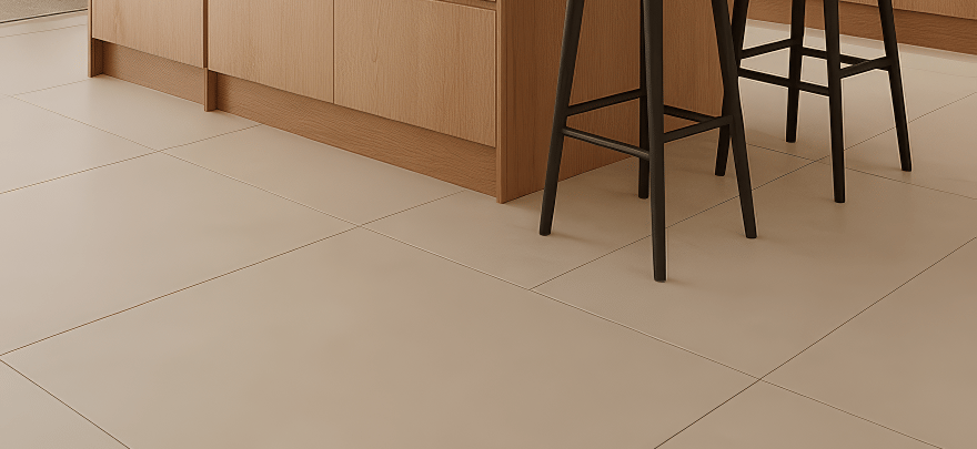 Close up de piso de porcelanato tipo madera para cocina en Zeramiq.