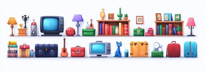 a set of different types of objects in a row of shelves
