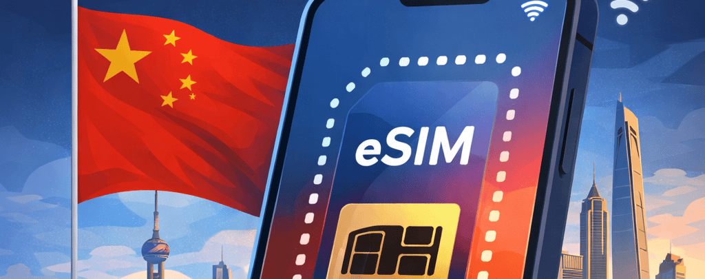 Modern smartphone displaying eSIM with QR code in front of Shanghai skyline and Chinese flag, repres