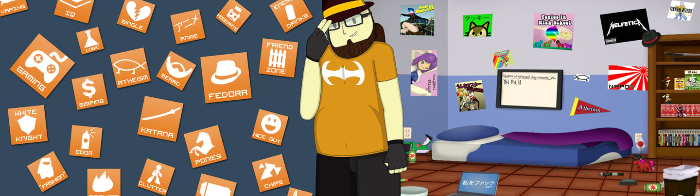Library hero image of Fedorable Life, half of the image are orange badges of neckbeard traits