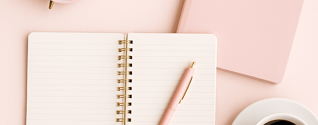 Rosa Schreibtisch Oberfläche mit Wecker, Notizbuch und Kugelschreiber