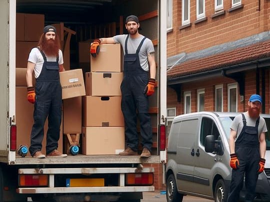 3 man and a van removal crew packing a large van with boxes
