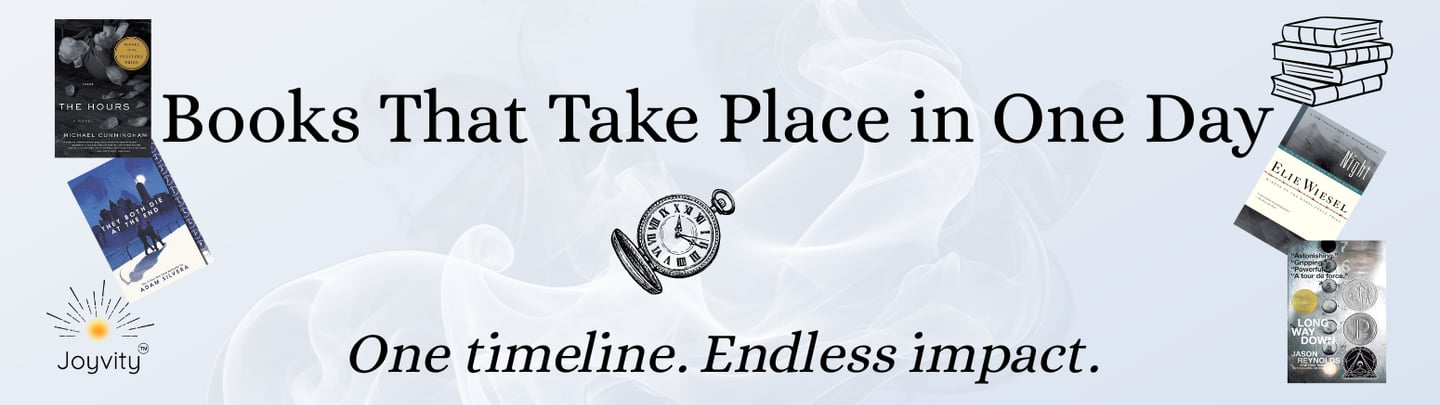 Banner for blog about books that take place in one day, featuring book covers, a pocket watch,