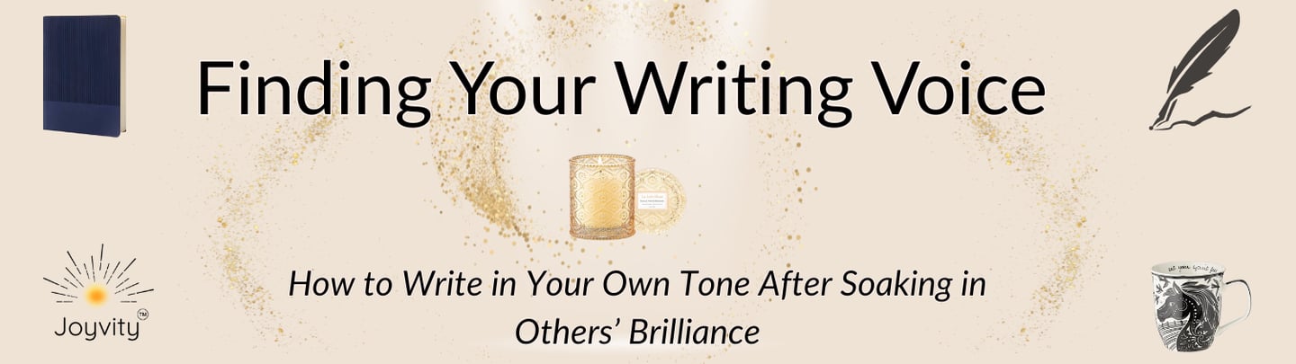Banner for blog “Finding Your Writing Voice” with journal, candle, pen, and mug.
