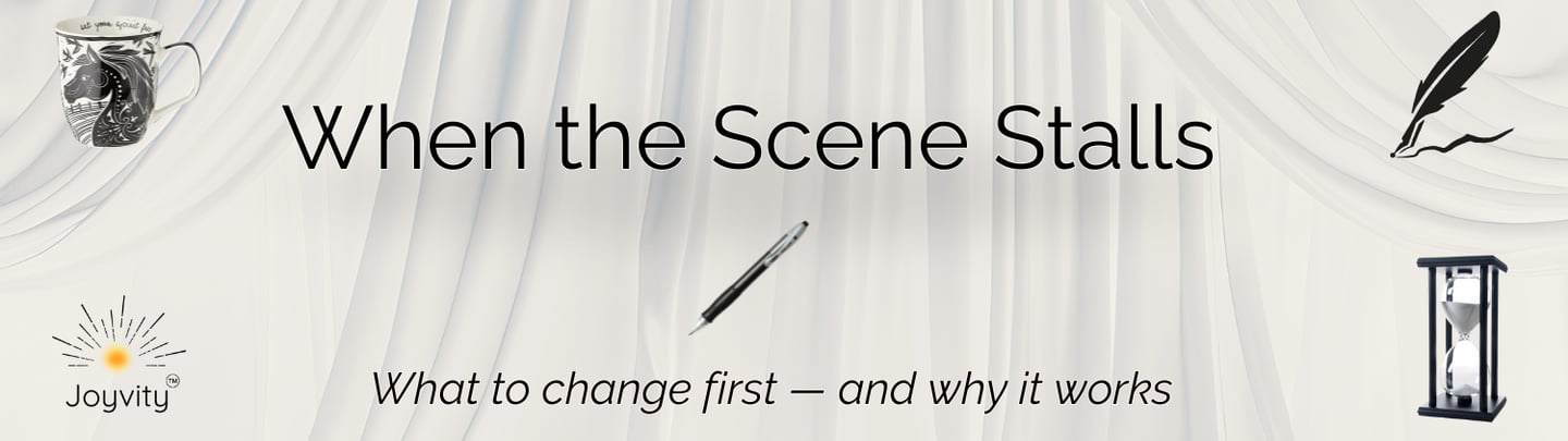 Banner for blog titled When the Scene Stalls featuring writing tools and a soft draped background.