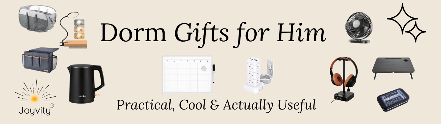 Blog banner for “Dorm Gifts for Him” with clean icons of dorm essentials on neutral background.