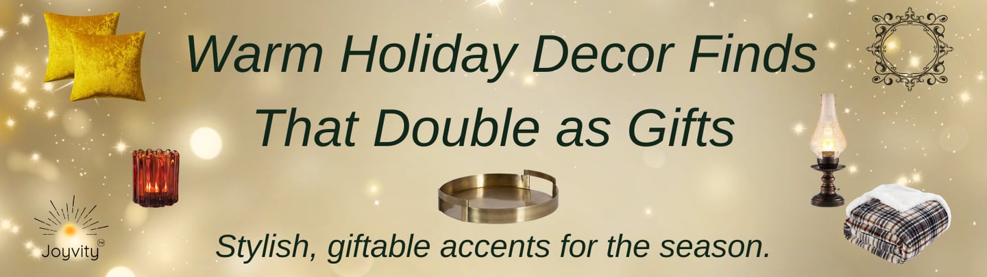 Warm holiday decor and gift ideas featuring velvet pillows, candles, tray, lamp, and throw blanket.