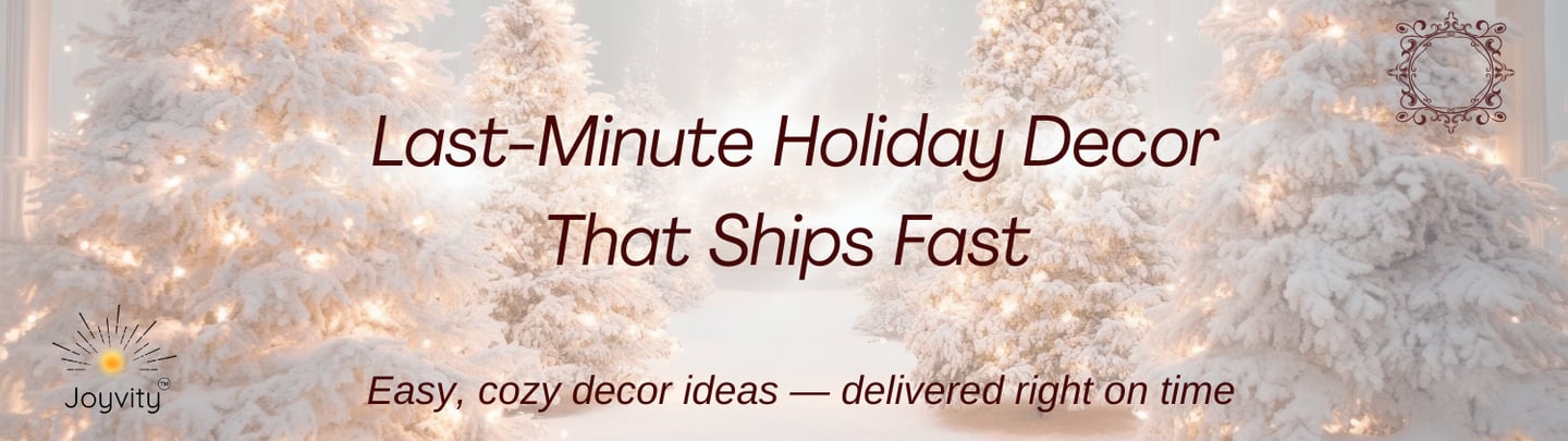 Snow-covered Christmas trees glowing with warm lights in a soft winter setting, with the title “Last