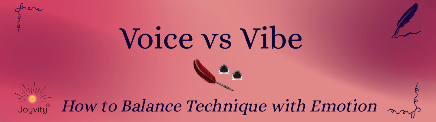 Voice vs Vibe blog banner with feather quill, ink bottles, and Joyvity™ logo.
