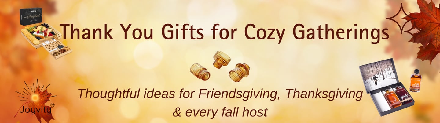 Fall banner with charcuterie board, maple syrup, and leaves Thank You Gifts for Cozy Fall Gatherings