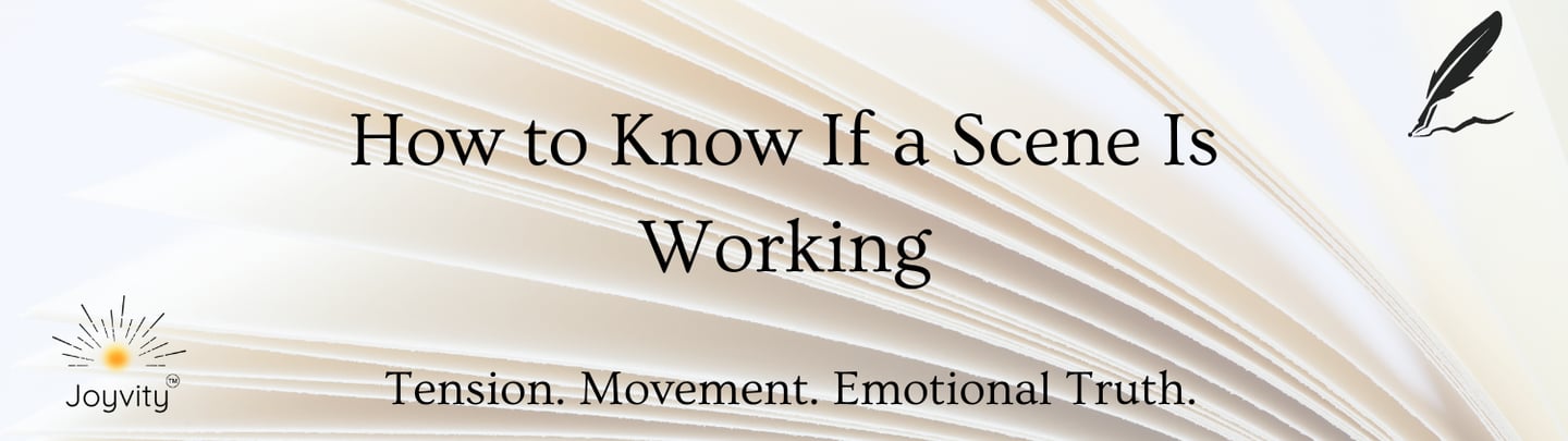 Banner fanned book pages "How to Know If a Scene Is Working" "Tension.Movement.Emotional Truth"