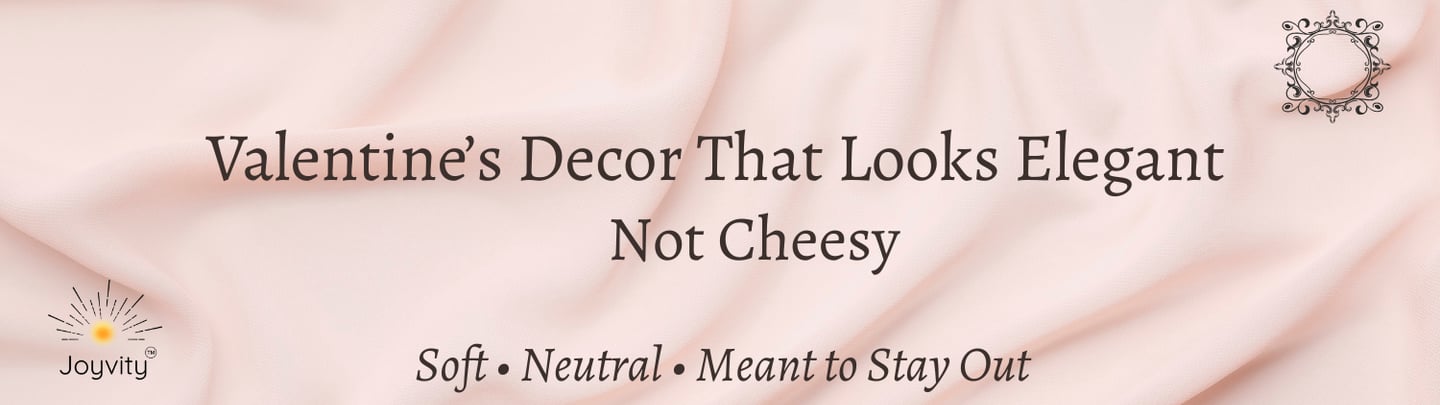 Elegant neutral Valentine’s decor banner with soft blush fabric background and serif text