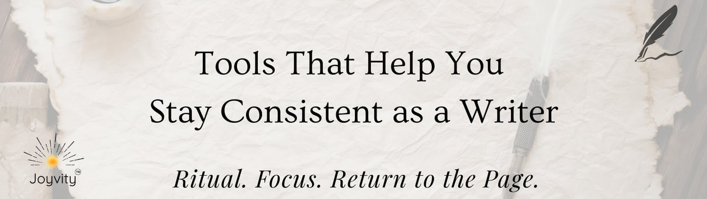 Writing tools blog banner with notebook, pen, and neutral desk setup focused on consistency writing