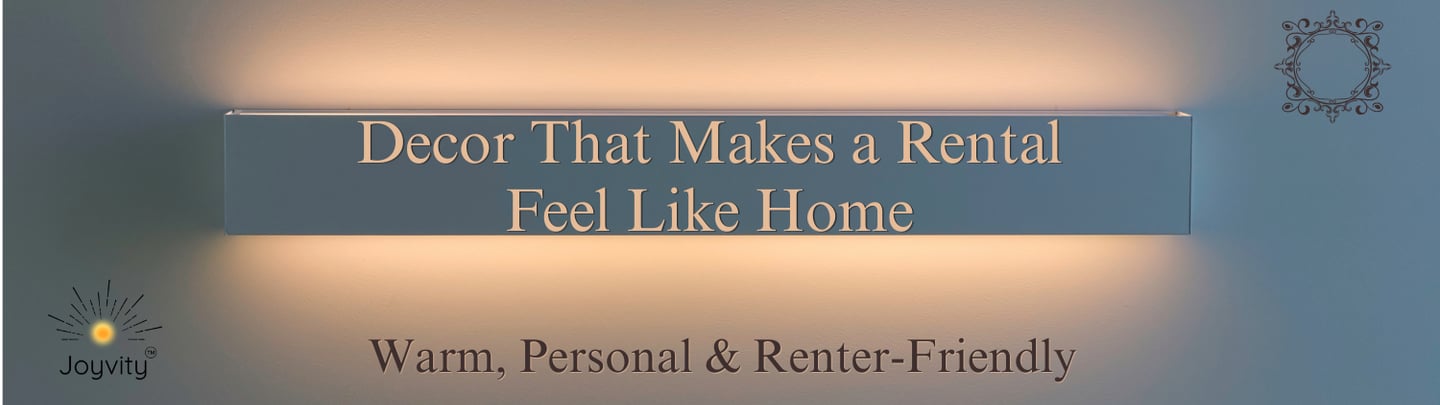 Modern wall light fixture with warm ambient glow featuring renter-friendly home decor text.