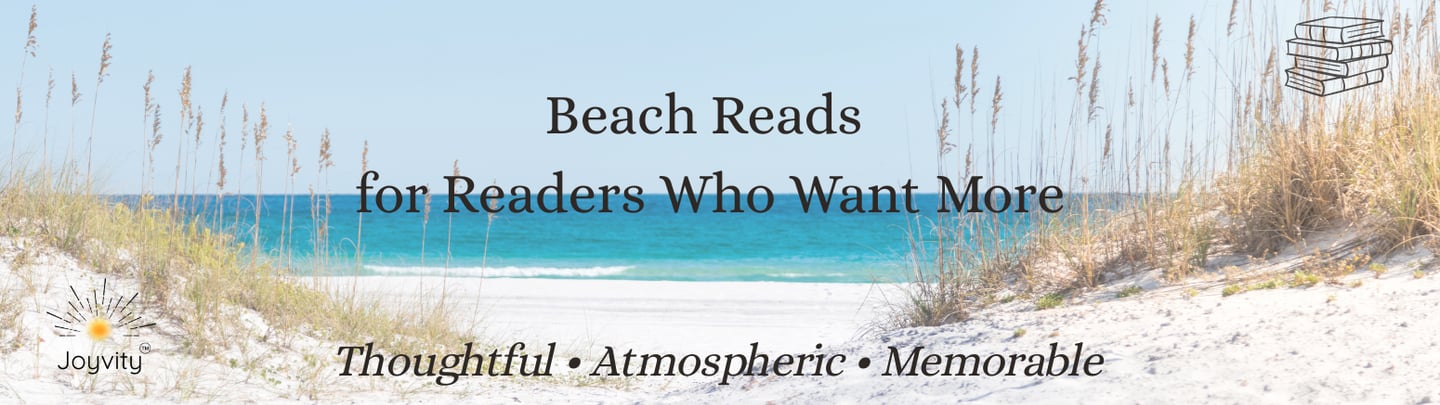 Beach reads banner featuring a sunny ocean view with dunes and a list of thoughtful book recommendations.