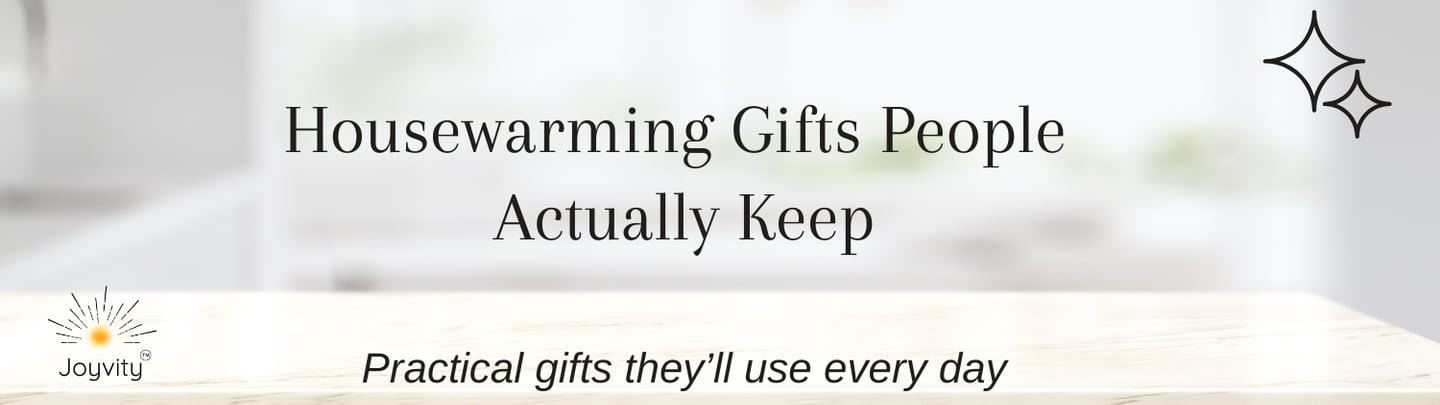 Housewarming gifts banner with cozy home background and minimalist design