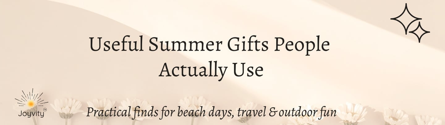 Useful summer gifts for beach days and travel featured on a floral background with the Joyvity logo.