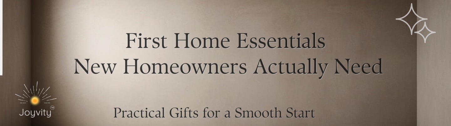 First home essentials and practical housewarming gifts for new homeowners on a beige wall background.