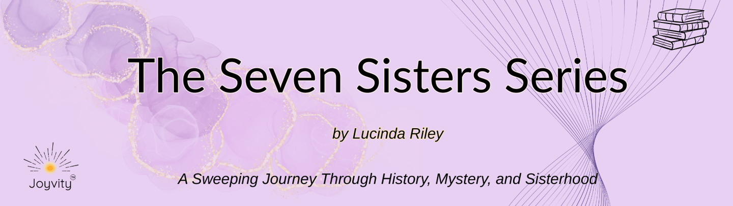 The Seven Sisters Series, light purple background with soft gold sparkles, abstract floral textures,
