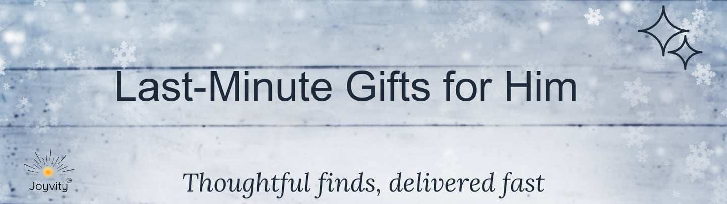 Winter-themed banner “Last-Minute Gifts for Him” with subtitle “Thoughtful finds, delivered fast"