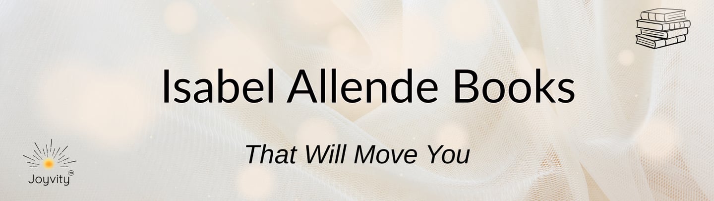 Isabel Allende book blog cover with elegant fabric and Joyvity branding