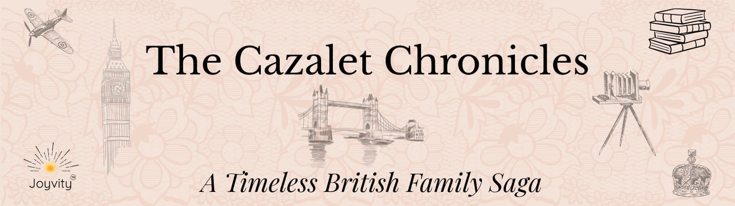 Vintage banner for “The Cazalet Chronicles” with British icons and floral background.