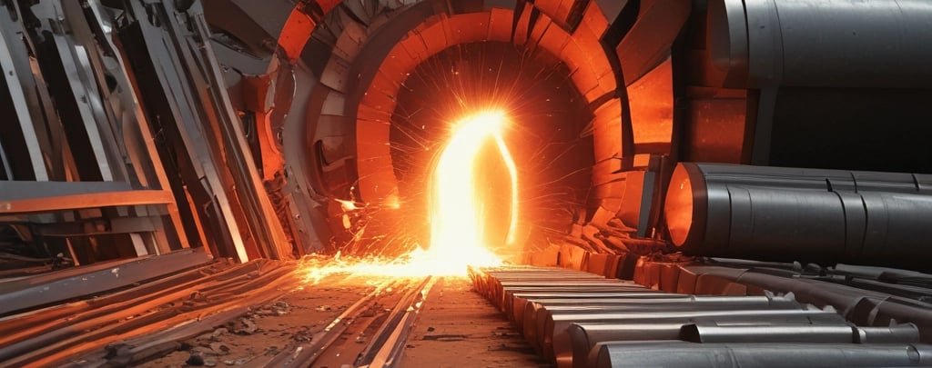 A close-up of sparks flying as a metalwork process is taking place. The image captures the vibrant movement of the bright, fiery sparks against a backdrop of machinery parts. There is a sense of intense energy and industrial activity.