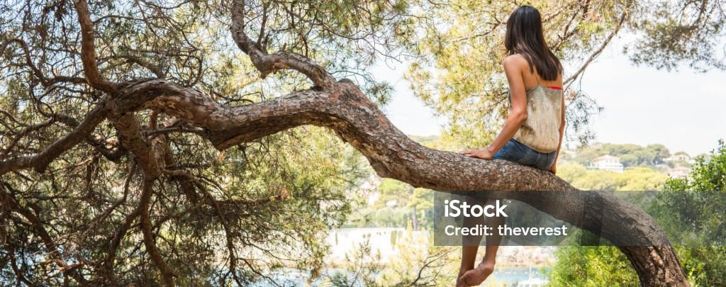 Femme perchée sur une branche, expérimentant lâcher-prise et connexion à la nature"
