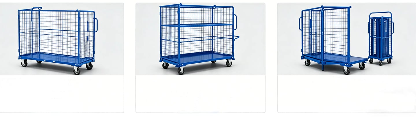 Heavy-duty blue steel industrial rolling warehouse carts with mesh cages and swivel wheels for logistics transport.